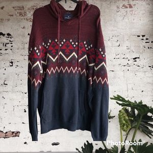 American Eagle Seriously Soft Men Knit Hooded Sweater Blue Burgundy Nordic Large